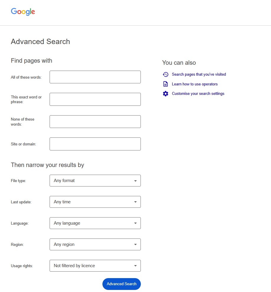 UKOSINT's tweet photo. There appears to have been some big changes on the Google Advanced Search Page, but it does seem, that for now at least, that the other search filters, such as intitle: &amp; inurl: etc are still working #OSINT https://t.co/wCc7ikWvnd