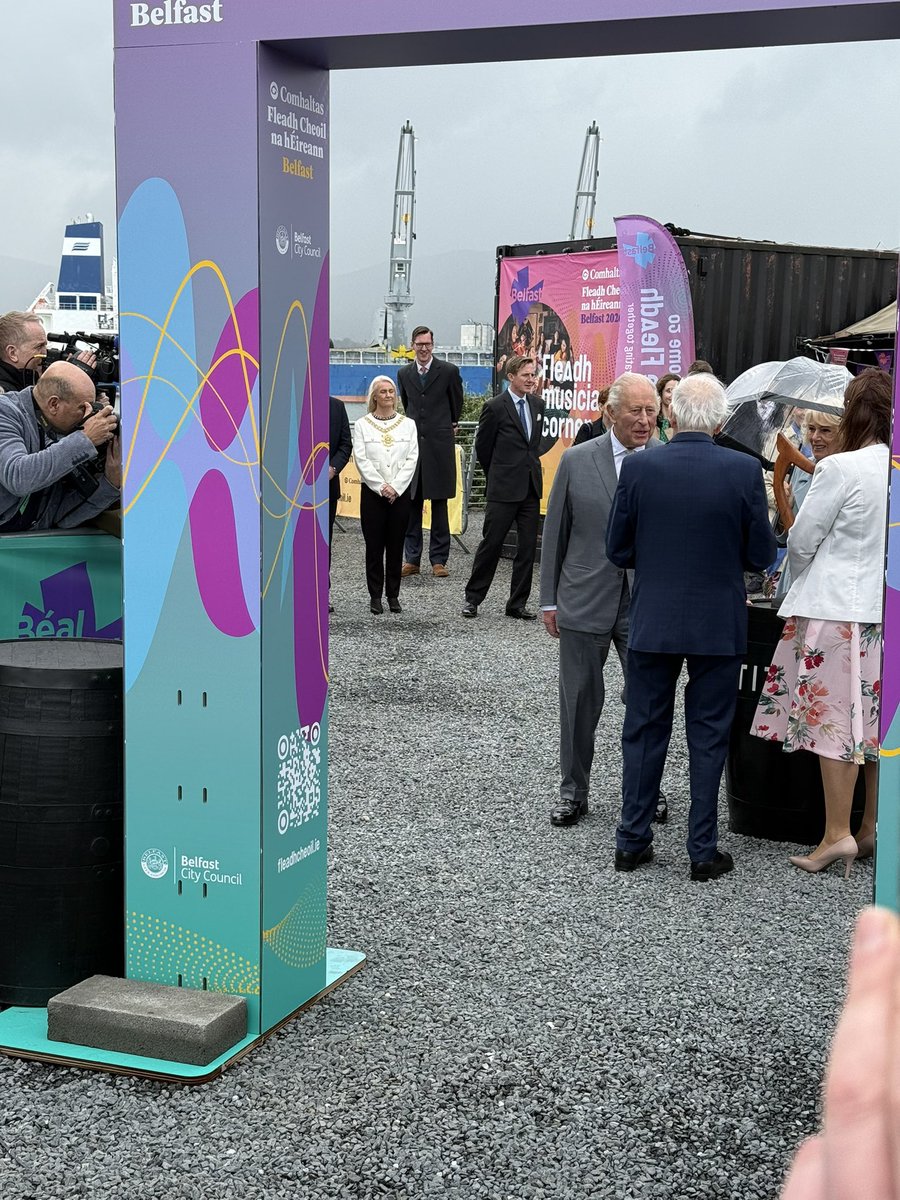 sbunting_'s tweet photo. Delighted to meet the King today during a visit to Belfast. 

It was wonderful to see the @BelfastBands as part of the entertainment alongside Ards CCE and others, as part of a preview of what can be expected at the Fleadh in August. 

Huge opportunity for the members of the Forum, and it was lovely that the King took the time to meet them and have a chat about their upcoming performances.