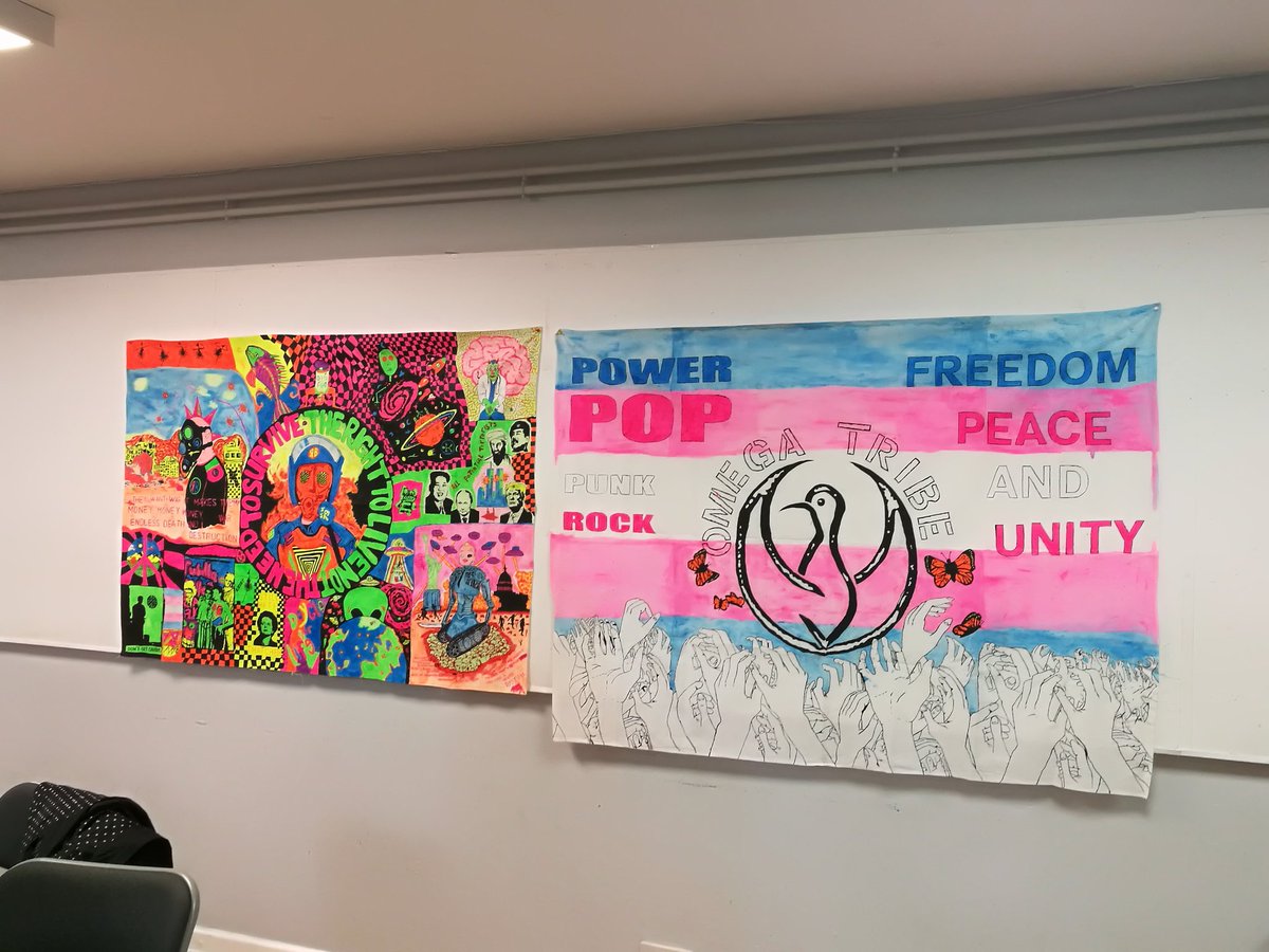 brianfinks69's tweet photo. Well projects done.. Hung up on wall at art club today 😎 #myartwork #punk #diypunk #worldturnsdayglo #transrights https://t.co/GpNFUd1wew