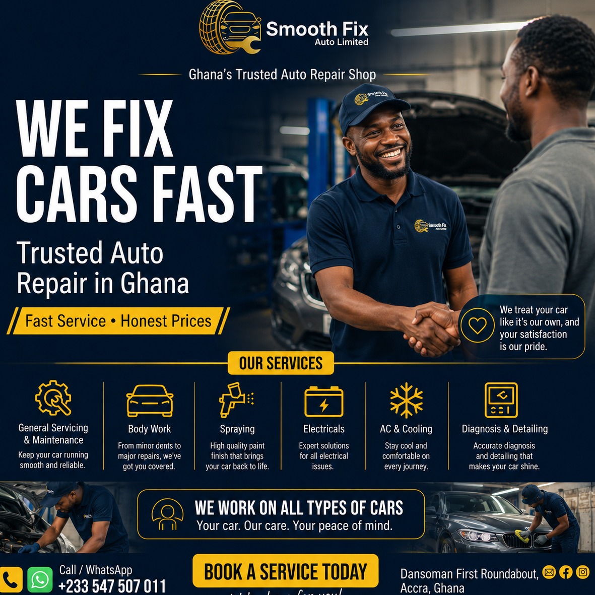 SmoothFixAuto's tweet photo. Tired of mechanics in Accra taking forever + charging too much? 😤

We fix it fast with transparent pricing.

Oil change • Brakes • Diagnostics • Spray painting • More

Walk-ins &amp; mobile van available.

Hit us up now: 0547507011 
Dansoman First Roundabout Keep Fit Down