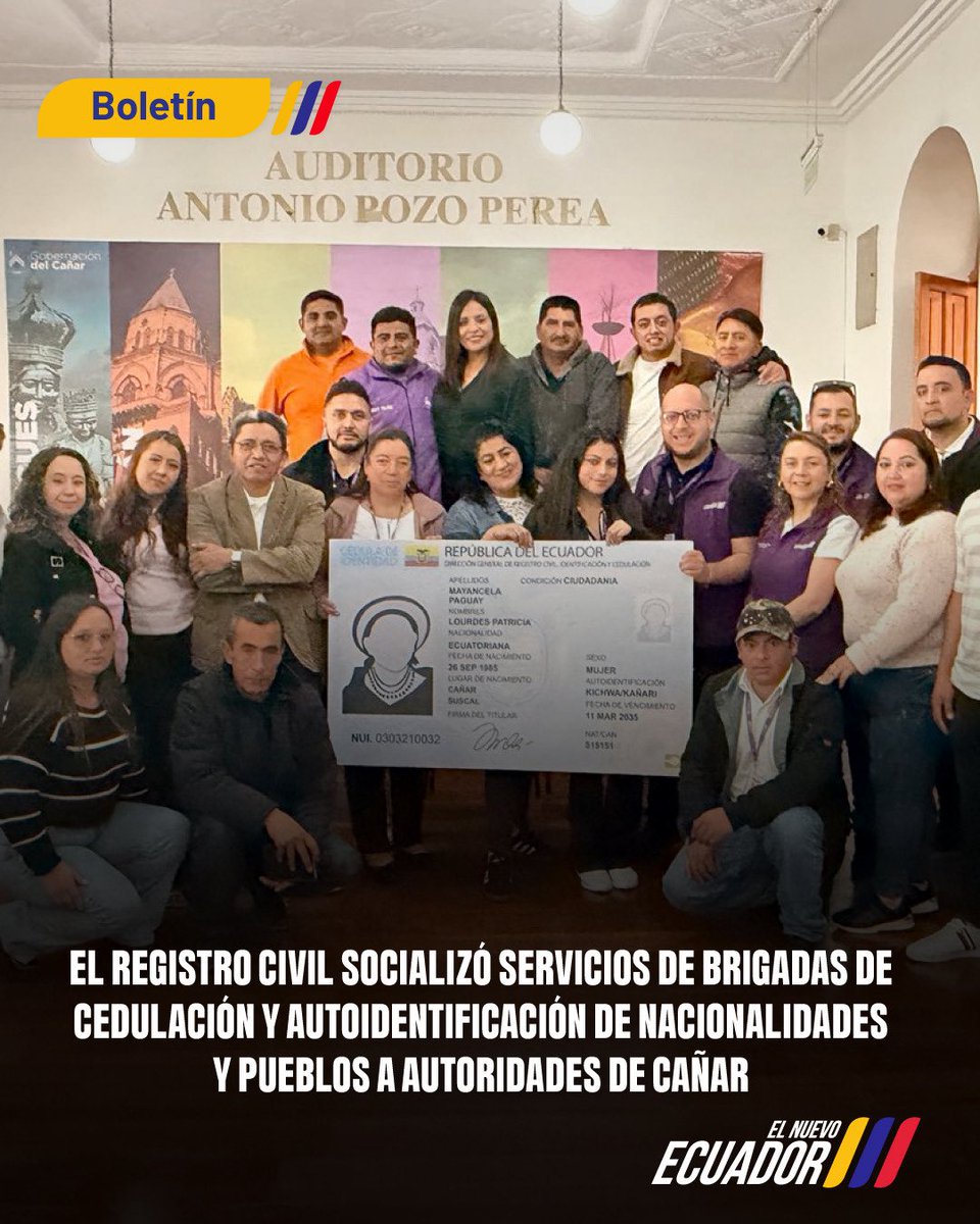 RegistroCivilec's tweet photo. El Registro Civil del Ecuador lideró una jornada de socialización dirigida a jefes y tenientes políticos de Cañar.
Se destacaron puntos clave:
1⃣#BrigadasMóviles de cedulación
2⃣Campo de autoidentificación de nacionalidades y pueblos en la cédula. 
👉https://t.co/hoqCSR6CAL https://t.co/MOygUst2bc