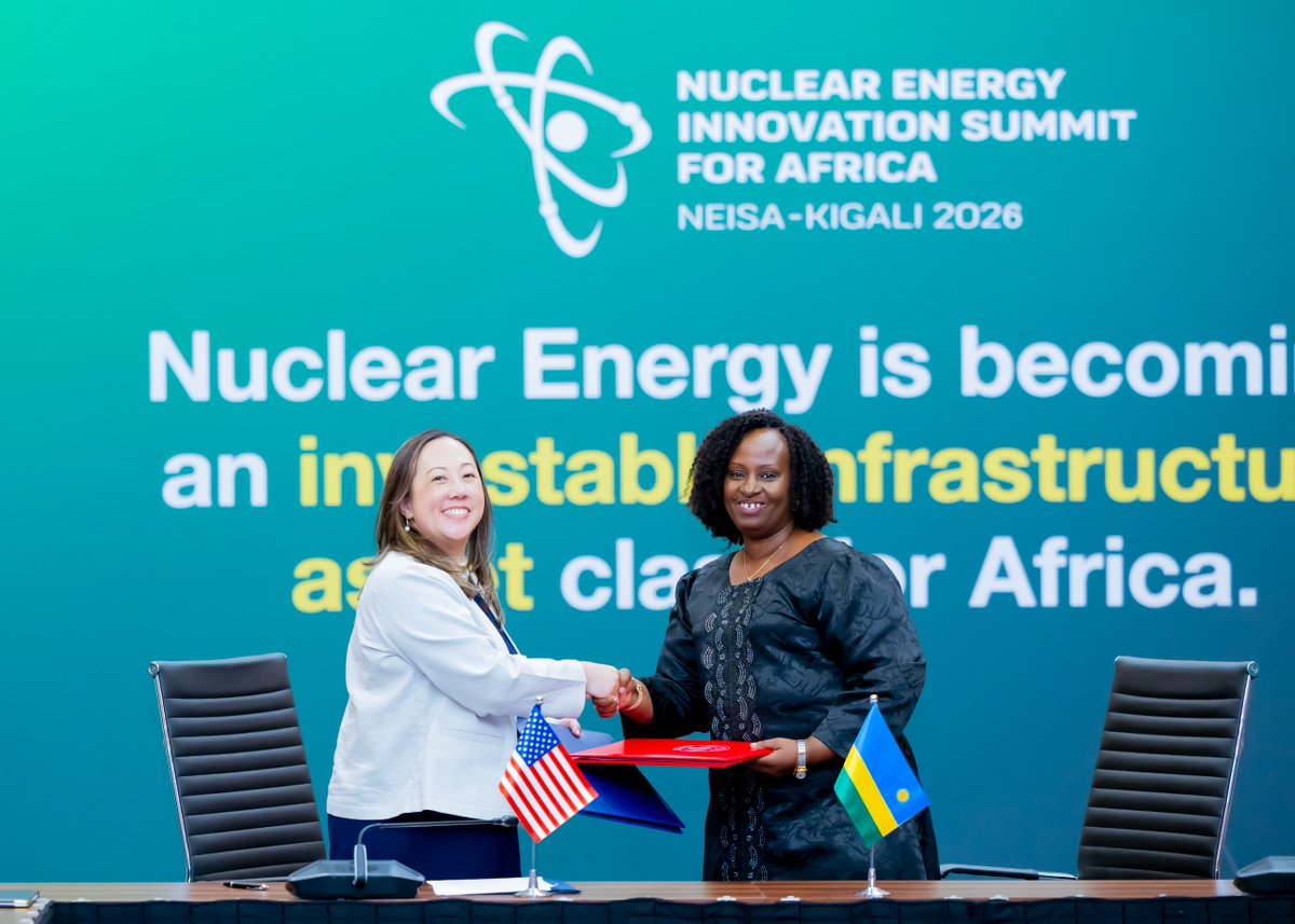 RwandaMFA's tweet photo. On the sidelines of the Nuclear Energy Innovation Summit for Africa (NEISA), Rwanda and the United States of America (USA) signed an MoU on Strategic Civil Nuclear Cooperation.

The agreement was signed by Minister of State @UstaNcusta and Ms. Renee Sonderman, Acting Principal Deputy Assistant Secretary (PDAS) in the Bureau of Arms Control and Nonproliferation at the U.S. Department of State.