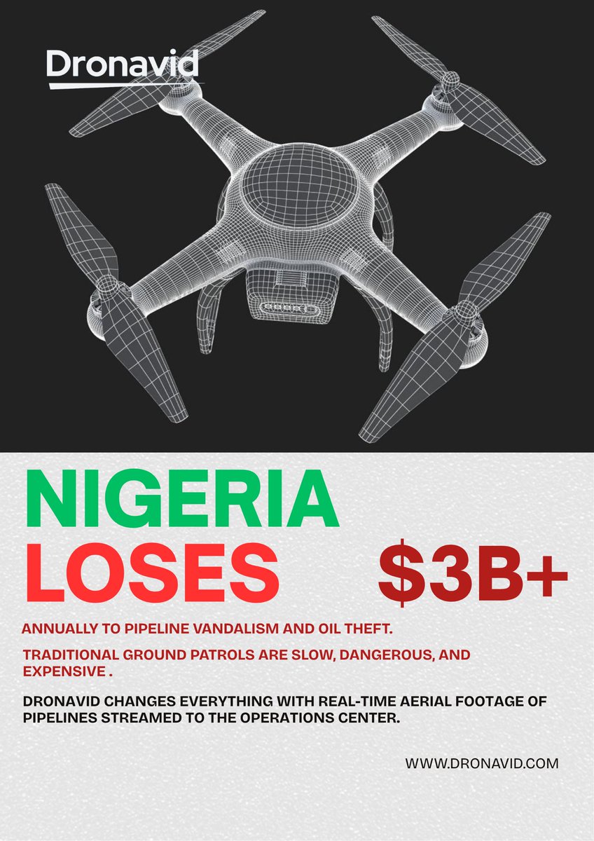 Dronavidhq's tweet photo. Nigeria loses over $3 billion annually to pipeline vandalism and oil theft, our autonomous drones patrol hundreds of kilometres daily, detecting leaks, illegal bunkering, and unauthorised access in real time, by the time your team gets the alert, the threat is already identified. https://t.co/jyto9nRRqf