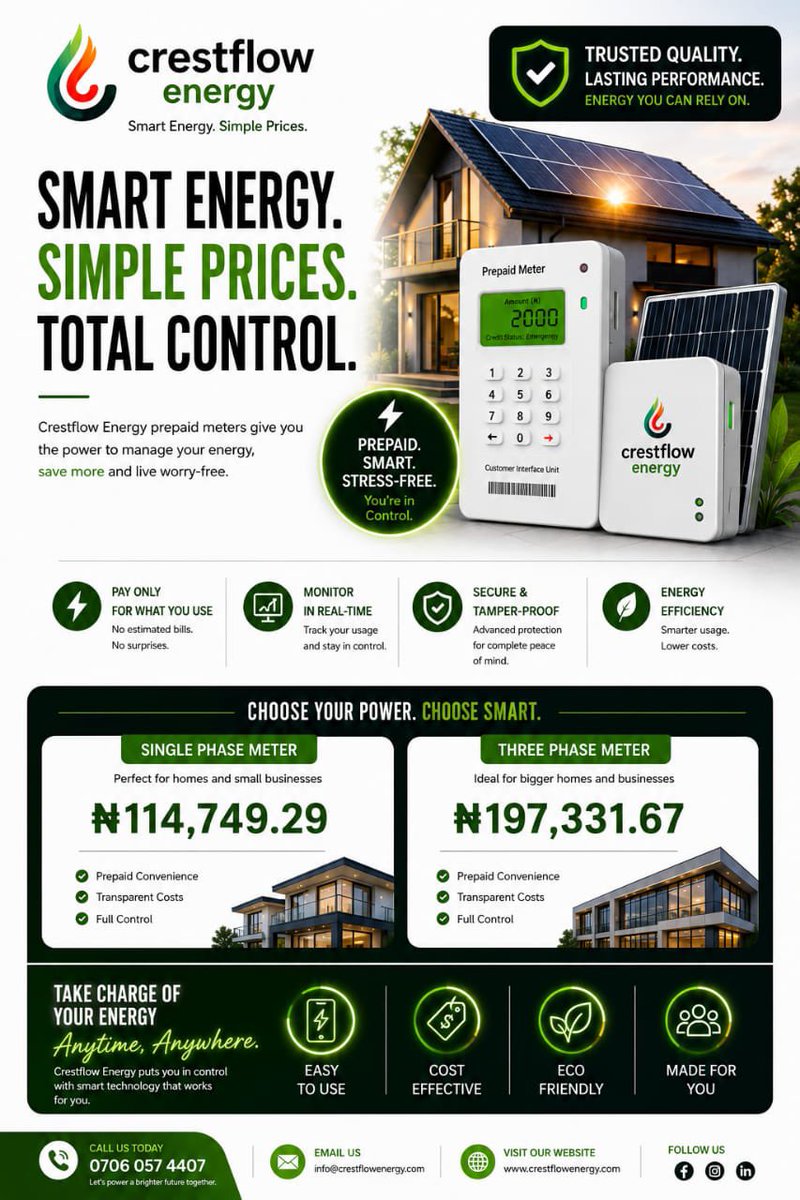 CrestflowEnergy's tweet photo. Crestflow Energy prepaid meters give you the power to manage your energy. save more and live worry-free. #crestflow #energy #power #energymanagement https://t.co/PoMB85ZZ5n