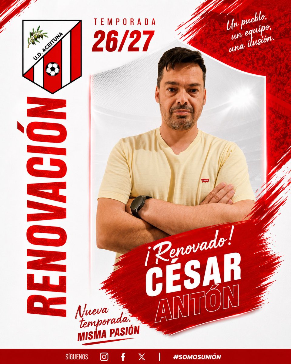 udaceituna's tweet photo. 🔴⚪️ RENOVACIÓN 🔴⚪️

La primera piedra del proyecto 26/27 ya está colocada. César Antón continuará una temporada más al frente de la U.D. Aceituna.

Será ya su cuarta temporada al mando del equipo, demostrando compromiso, trabajo y sentimiento por estos colores.

#SomosUnión https://t.co/tafU61PrMV