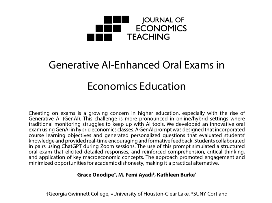EconTeaching's tweet photo. @drmartens @ToysRUs @lululemon What if AI made oral exams easier to give and harder to cheat on?

One approach pairs students with a ChatGPT prompt that asks personalized questions and gives real-time feedback.

New in the Journal of Economics Teaching: https://t.co/TRsUxMOEpk https://t.co/sscdpvHmrq