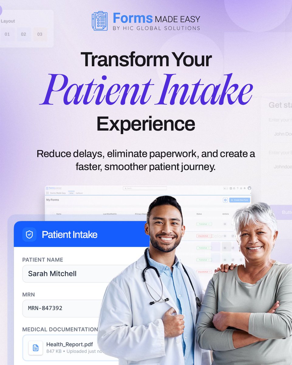 Formsmadeasy's tweet photo. Reduce patient intake delays, eliminate paperwork, and improve front desk efficiency with digital intake forms. 

Explore Now: 
https://t.co/r0CCva7Nnk

#PatientIntake #HealthcareAutomation https://t.co/qY6g8szNtr