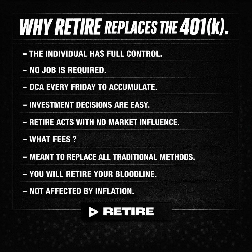 thelastplaysol's tweet photo. The traditional 401k system is broken
It’s a battle that can never be won

Freedom &amp; security will not come from a 401k

There is only one solution

Pivot to $Retire 

Your tokenized retirement fund. https://t.co/F8SBOVDlMb