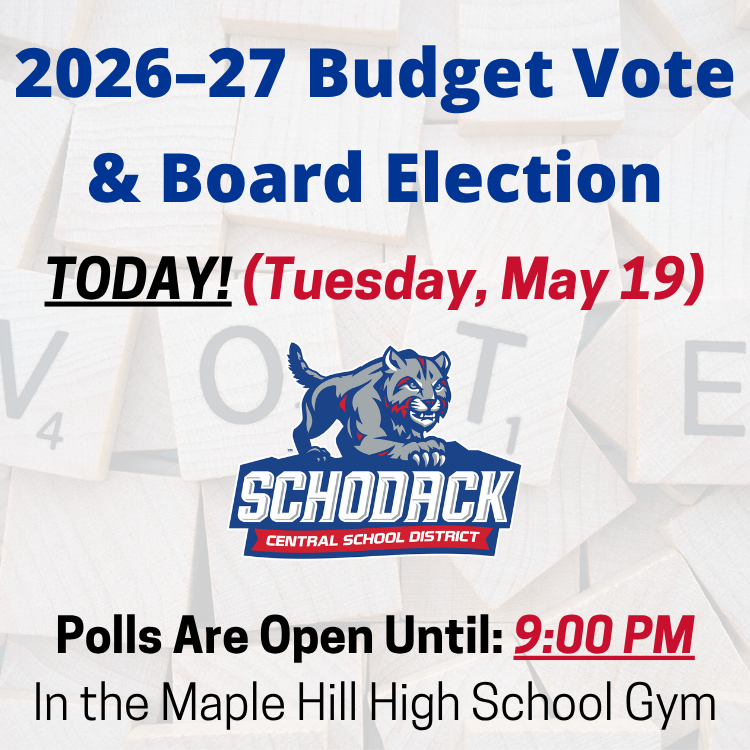 SchodackCSD's tweet photo. Today (May 19) is a busy day in Schodack! Vote until 9 PM on the 2026–27 Budget &amp; in the Schodack Board of Education election. Plus, the PTO Strawberry Festival runs from 4:30–7:30 PM @MapleHill_HS. See more info about all of it @ https://t.co/mkhGARcN3g https://t.co/dBnOowPeHt