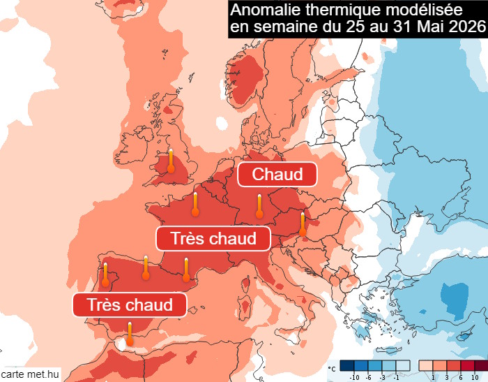 Meteovilles's tweet photo. 🌡️ La #chaleur va s'installer en seconde partie de semaine et pourrait bien durer. Les prévisions pour la dernière semaine de mai 2026 envisagent une très forte anomalie chaude en France. (via ECMWF) https://t.co/NXfPJfF30P
