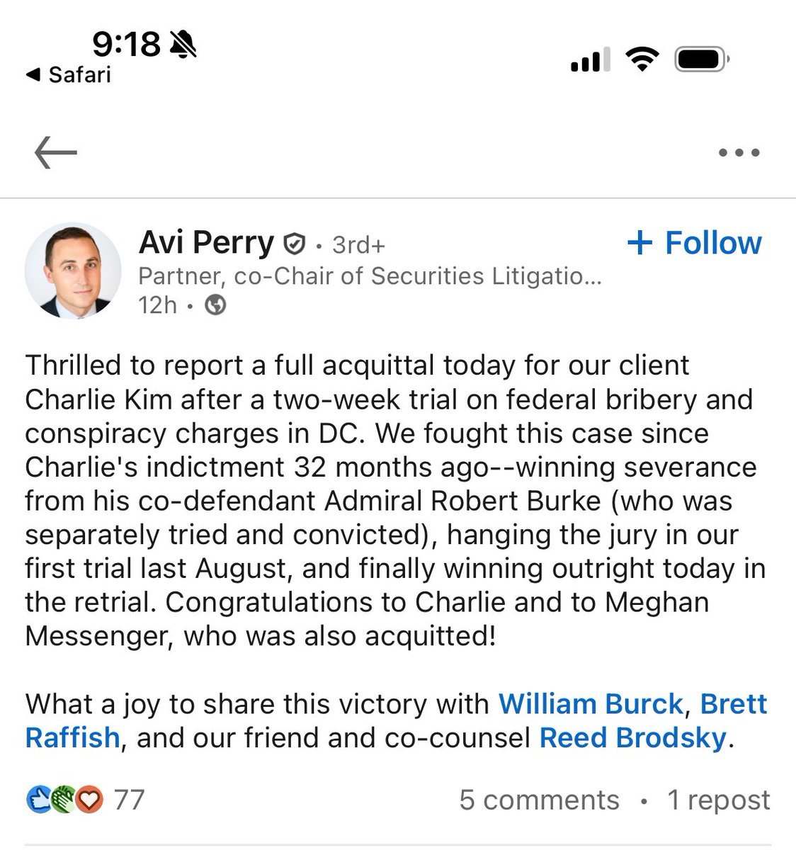 charlieykim's tweet photo. After 32 months of a grueling nightmare defending ourselves against the U.S. Govt and DOJ, yesterday after an 11 day jury trial in DC Federal Court, we were acquitted on all counts. Not guilty on: conspiracy, bribery and gratuity. 

When Judge McFadden said: “You’re free to go” everyone was sobbing. Still surreal, to finally get our freedom back. 🇺🇸❤️💪