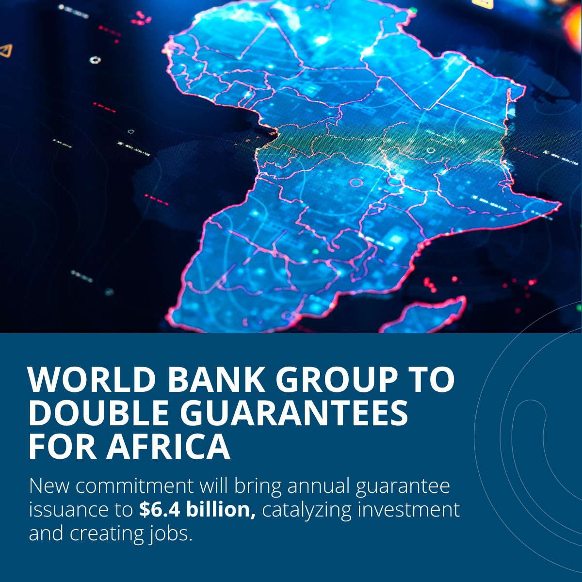 MIGA's tweet photo. 📢 NEW: The @WorldBankGroup Guarantee Platform, housed at MIGA, aims to double annual guarantees in Africa to $6.4 billion by 2030! 🌍

This will mobilize $23B in private capital to catalyze investment, create jobs, and drive growth.

What this means on the ground:
⚡ 43M people get electricity (Mission 300)
🌾 Food security for 5M (AgriConnect)
📈 Financial inclusion for 50M people & businesses
📱 Broadband & digital services for millions more

By de-risking investments, guarantees attract private capital into job-rich sectors, from agribusiness to infrastructure, building robust, stable economies across Africa.

🔗Learn more: https://t.co/6U9GZW3PNS

@IFC_org @IFCAfrica @WorldBankAfrica