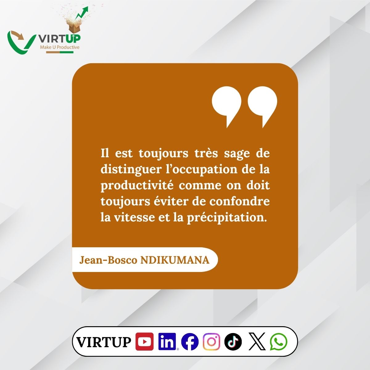 1VIRTUP's tweet photo. #virtup1
#leadership
#productivité
#rendement
#créateursderichesses
#citation
#jeanboscondikumana https://t.co/75ffkZ1CWo