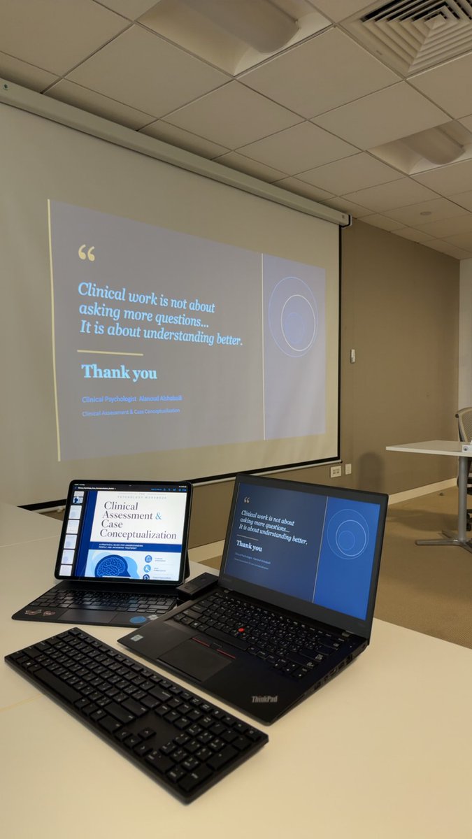 anoudalshobaili's tweet photo. قدمت اليوم محاضرة لطالبات علم النفس الإكلينيكي بجامعة الأميرة نورة بعنوان:

Clinical Assessment &amp; Case Conceptualization

وركزنا على الانتقال من "وصف الأعراض" إلى التفكير الكلينكي وصياغة الحالة النفسية بشكل متكامل وربط الجوانب النفسية والأنماط بالتدخل العلاجي المناسب https://t.co/kY5Jv3Xw32
