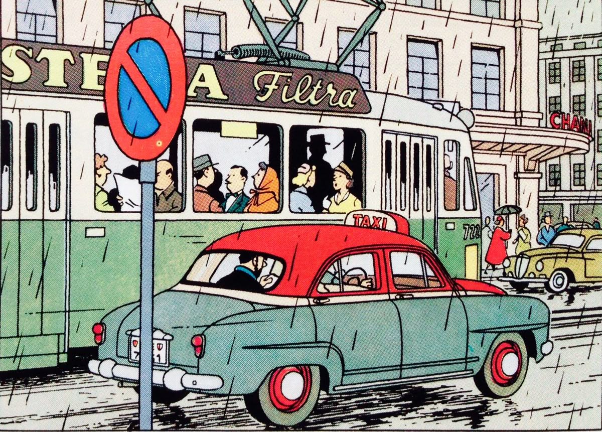BoylanRoger's tweet photo. Captain Haddock and Tintin riding through Geneva in a taxi in "The Calculus Affair" ("L'Affaire Tournesol"), 1956. https://t.co/MR2BX5K0az