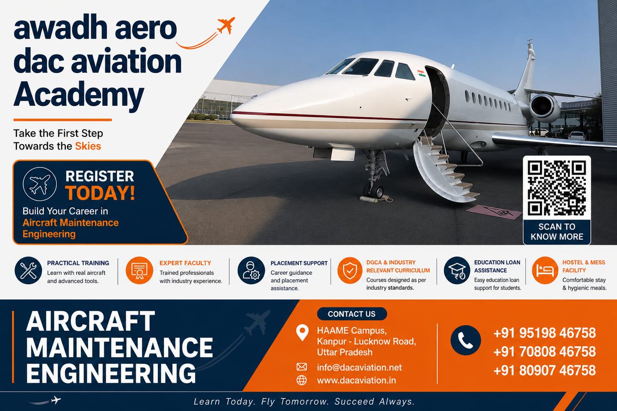 aviation_dac's tweet photo. Begin your journey toward an exceptional career in aviation.
At Awadh Aero DAC Aviation Academy, we are proud to introduce our premier Aircraft Maintenance Engineering (AME) program and warmly invite aspiring aviation professionals to register. https://t.co/OEHnBn2pwt