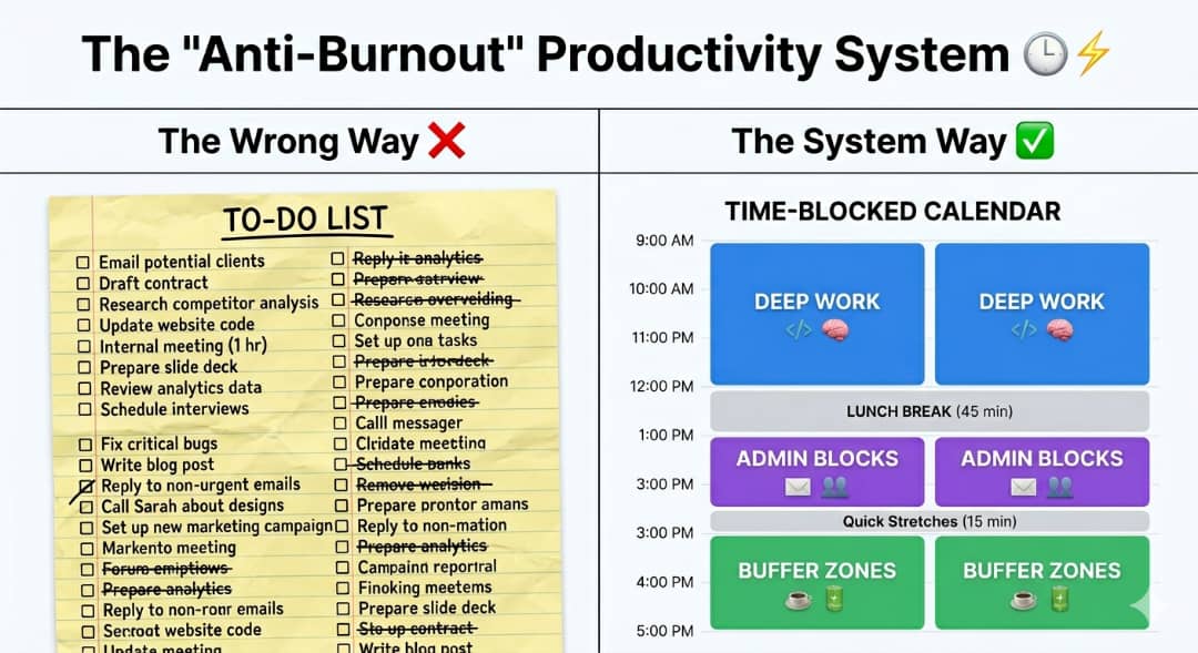 TechsisNetwork's tweet photo. You’re not lazy—you just need a better system.
Stop relying on to-do lists.
Try this Deep Work: Use peak hours for focused tasks (coding, design, strategy). No distractions.
Admin Time: Batch emails and messages into one block.
 Buffer Time: Take 10–15 mins to rest between tasks. https://t.co/7j9NOJ3bUX