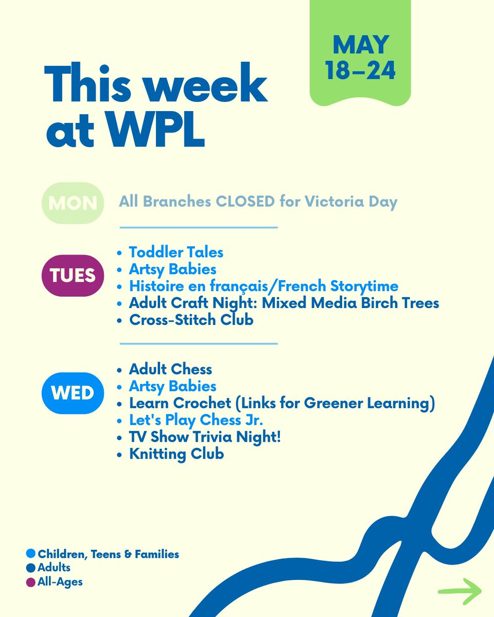 WellandLibrary's tweet photo. Here's what is happening at the Welland Public Library this week, May 18–24!
There's something for every age, interest, hobby and skill level.For our full events calendar, click here https://t.co/FuzmSeZOy5 https://t.co/lUh5FI8rBY