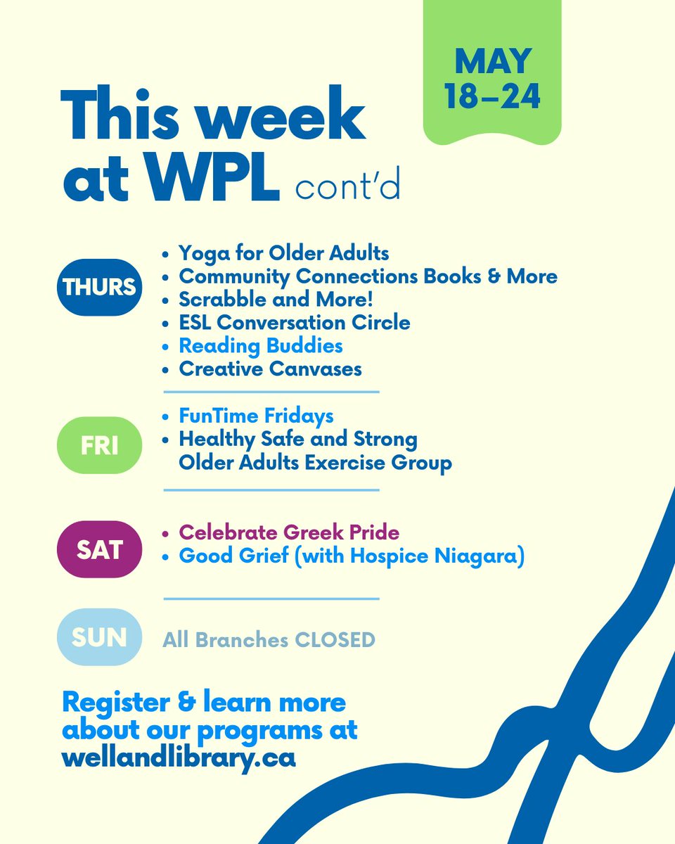 WellandLibrary's tweet photo. Here's what is happening at the Welland Public Library this week, May 18–24!
There's something for every age, interest, hobby and skill level.For our full events calendar, click here https://t.co/FuzmSeZOy5 https://t.co/lUh5FI8rBY