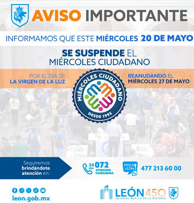 IMUVILEON's tweet photo. Aviso para todos 🫶🏻

Amigos, mañana no tendremos Miércoles Ciudadano por la fiesta de la Virgen de la Luz. 🙏🏻

Los extrañaremos, pero los esperamos con mucho gusto la próxima semana.

¡Gracias por su comprensión y disfruten de nuestra gran festividad! 🌟

#IMUVI #León450 https://t.co/cv4Z8MNpkN