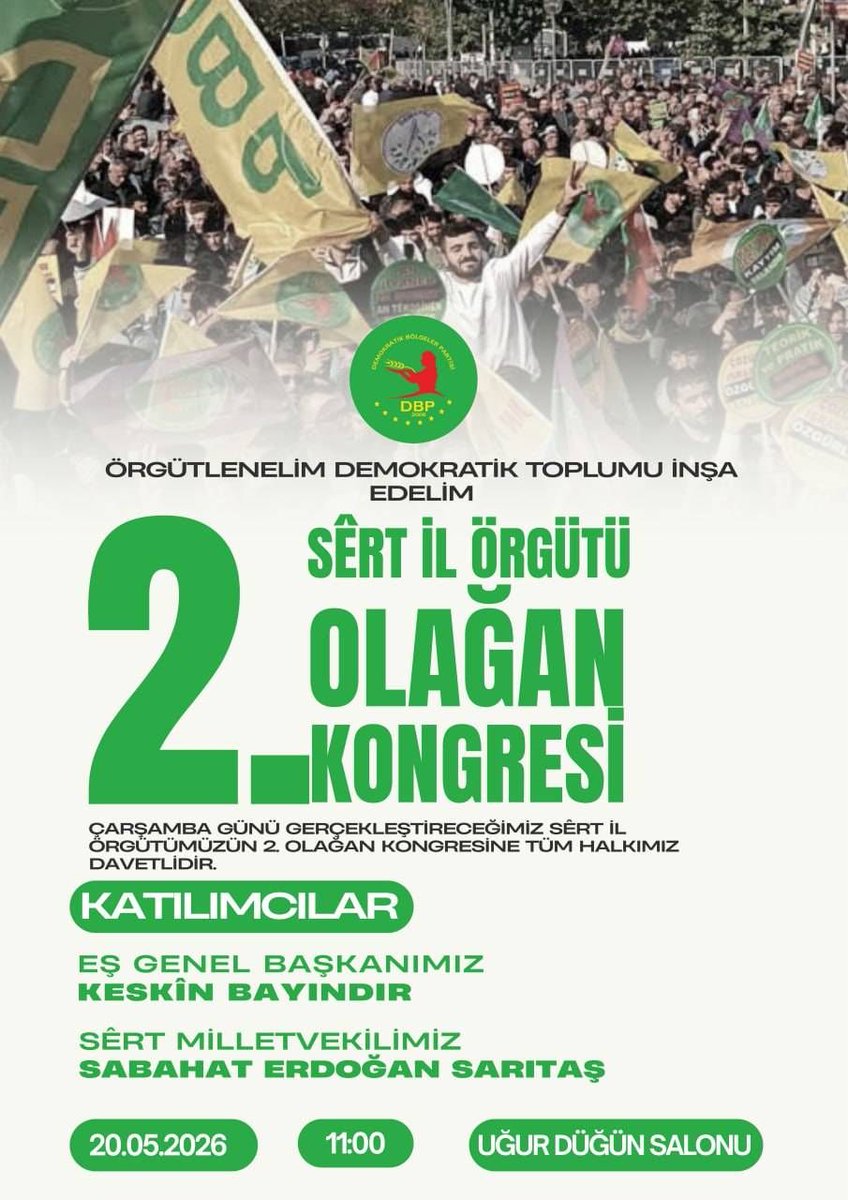 erdogansabahats's tweet photo. Yarın Eş Genel Başkanımız Keskin Bayındır'ın katılımıyla DBP Siirt 2. Olağan Kongremizi gerçekleştiriyoruz. 

Tüm halkımızı bekliyoruz. 
@KeskinBayindir @DemSiirt @dbpsiirtorgutu @DBP_GenelMerkez https://t.co/MgA2XBz6jC