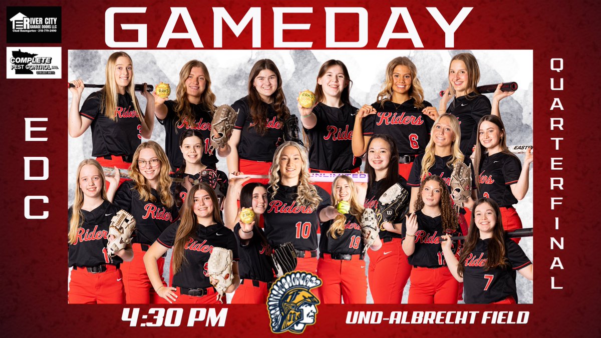 RRHSsoftball's tweet photo. 🥎GAMEDAY vs Fargo North
🕐4:30/6:00  
📍UND-Albrecht Field
❣️Thank you River City Garage Doors and Complete Pest Control for being our gameday sponsors! #GAPC #RideAsONE https://t.co/vJSonXrg2E
