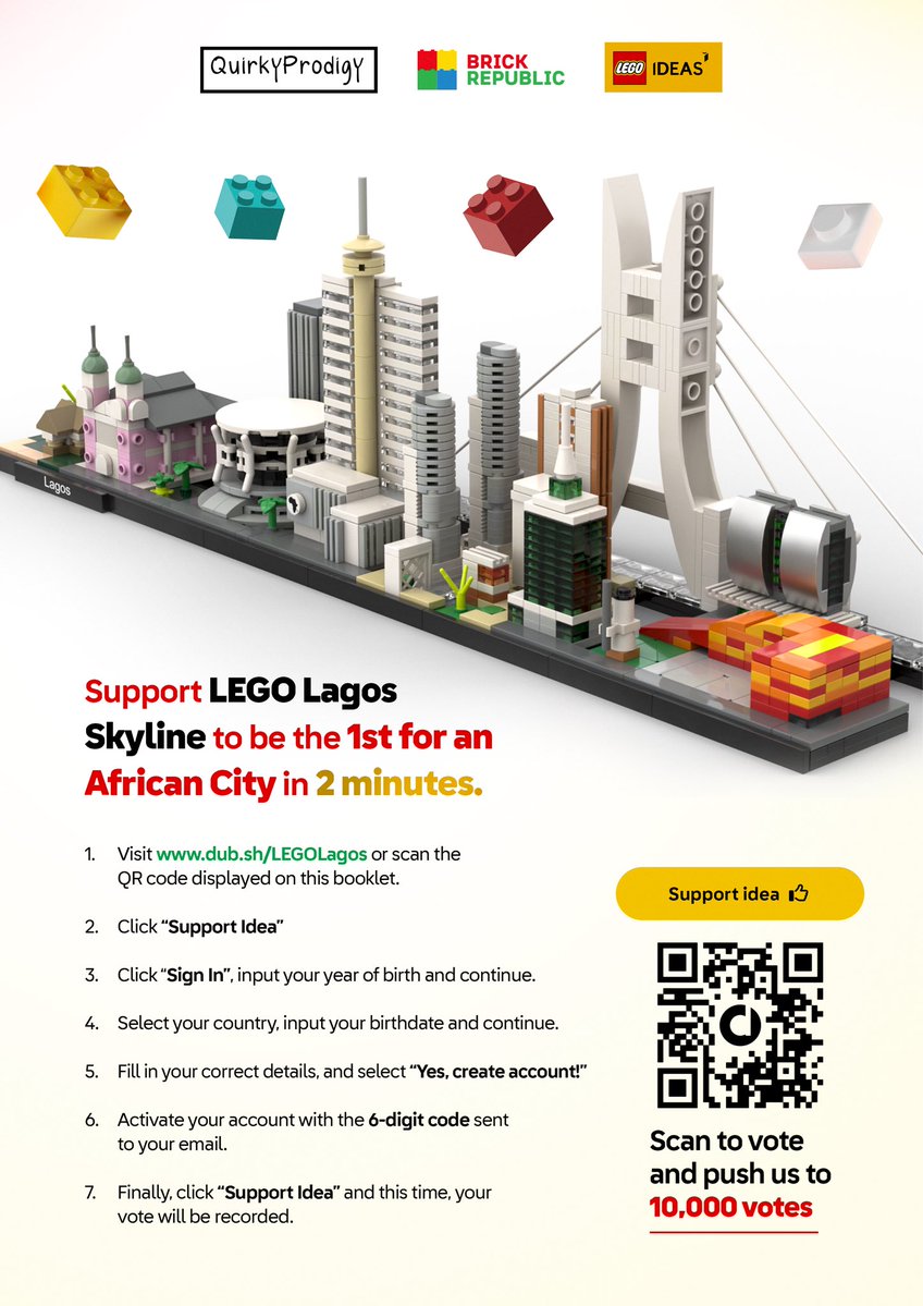 QuirkyProdigy's tweet photo. This could be the first African LEGO skyline EVER 🌍🧱

Yes, Lagos Nigeria.🇳🇬✨
All it needs? < 8,200 more people to “support idea” and sign in on LEGO ideas to see a vote count using the link .
👉🏾 https://t.co/m6THmwAeEt

Designed by me; an Architect who lived in Lagos for 15+ years using 1,155 LEGO bricks. 😉

Hope you’ll be one of those who made this happen…let’s do something iconic together. 🙌🏽 💫
