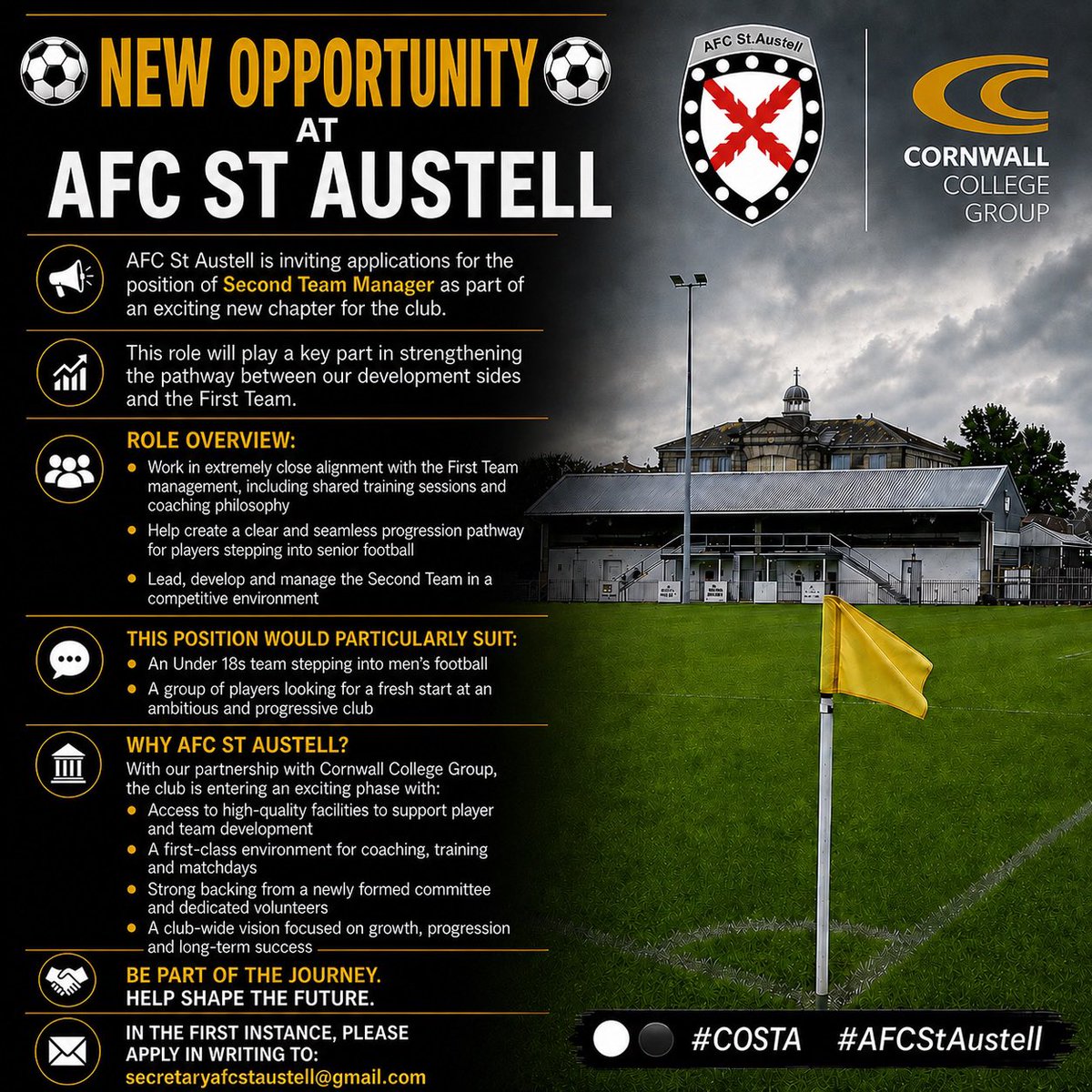 AFCSTAUSTELL's tweet photo. New Reserves Manager Required https://t.co/u2zDX7XvAk