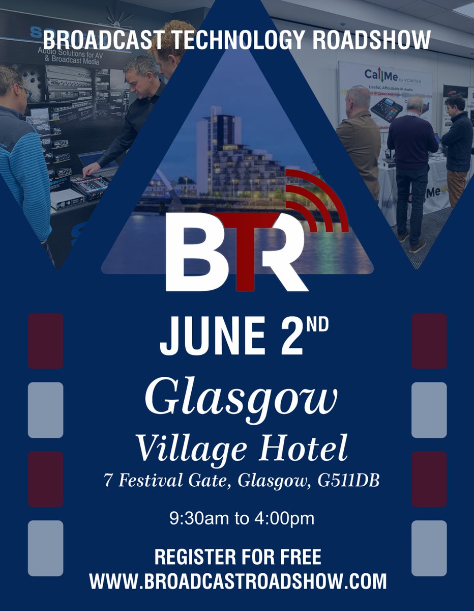 BroadcastRad's tweet photo. Two weeks to go until the Broadcast Technology Roadshow in Glasgow.

Monday 2nd June, 9:30 am to 4:00 pm
Village Hotel Glasgow
7 Festival Gate, Pacific Dr, Glasgow, G51 1DB

Entrance is free. Register at https://t.co/kSDTjpXypq https://t.co/ubwFAD5aae