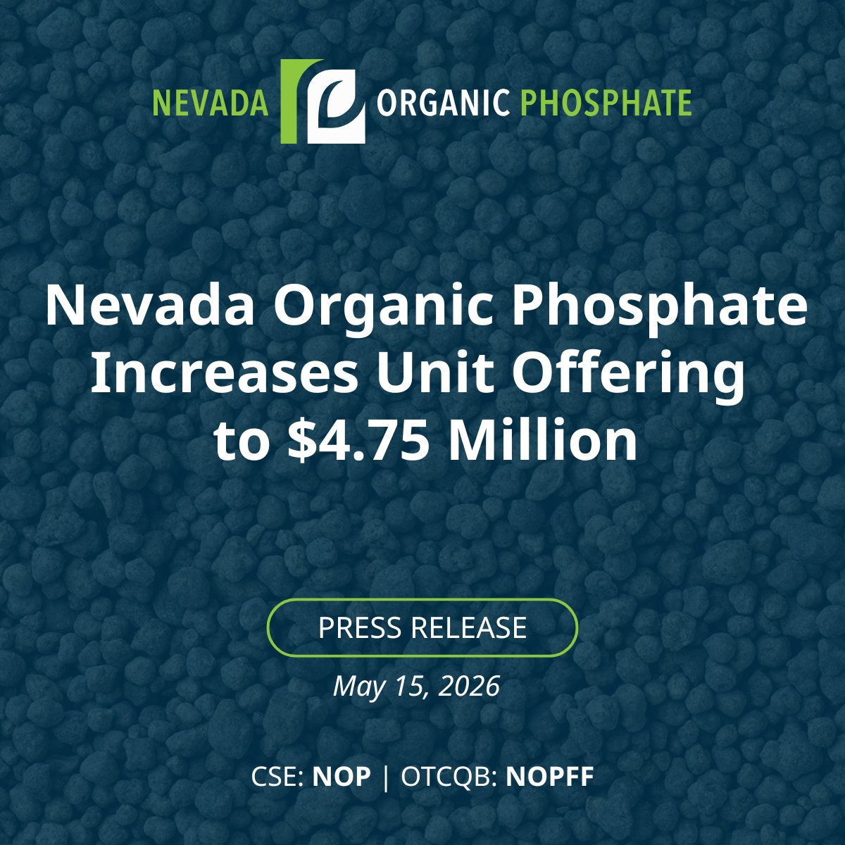 NVOrganicPhos's tweet photo. Nevada Organic Phosphate is pleased to announce an increase to its non-brokered private placement to up to $4.75 million following strong investor interest and oversubscriptions.

Proceeds are expected to support Phase Two drilling at the Murdock Mountain Project and ongoing exploration activities in Nevada.

Full details: https://t.co/LX43B0VGbu

$NOP.CN $NOPFF