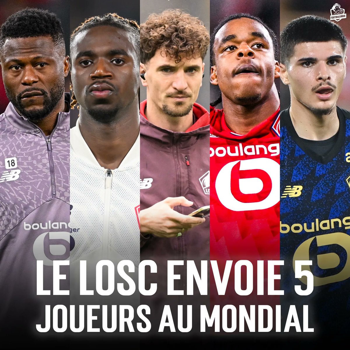 Footballogue's tweet photo. Après le PSG (8), c'est le LOSC qui comprend le plus de joueurs de son effectif sélectionnés pour la Coupe du Monde 2026, parmi les clubs français ! 🐶 ❤🤍

🇨🇩 Chancel Mbemba 
🇨🇩 Ngal'ayel Mukau
🇧🇪 Thomas Meunier 
🇧🇪 Nathan Ngoy
🇧🇪 Matias Fernandez-Pardo 

Une belle opportunité de se montrer, pour de futurs transferts après le Mondial ! 🤑