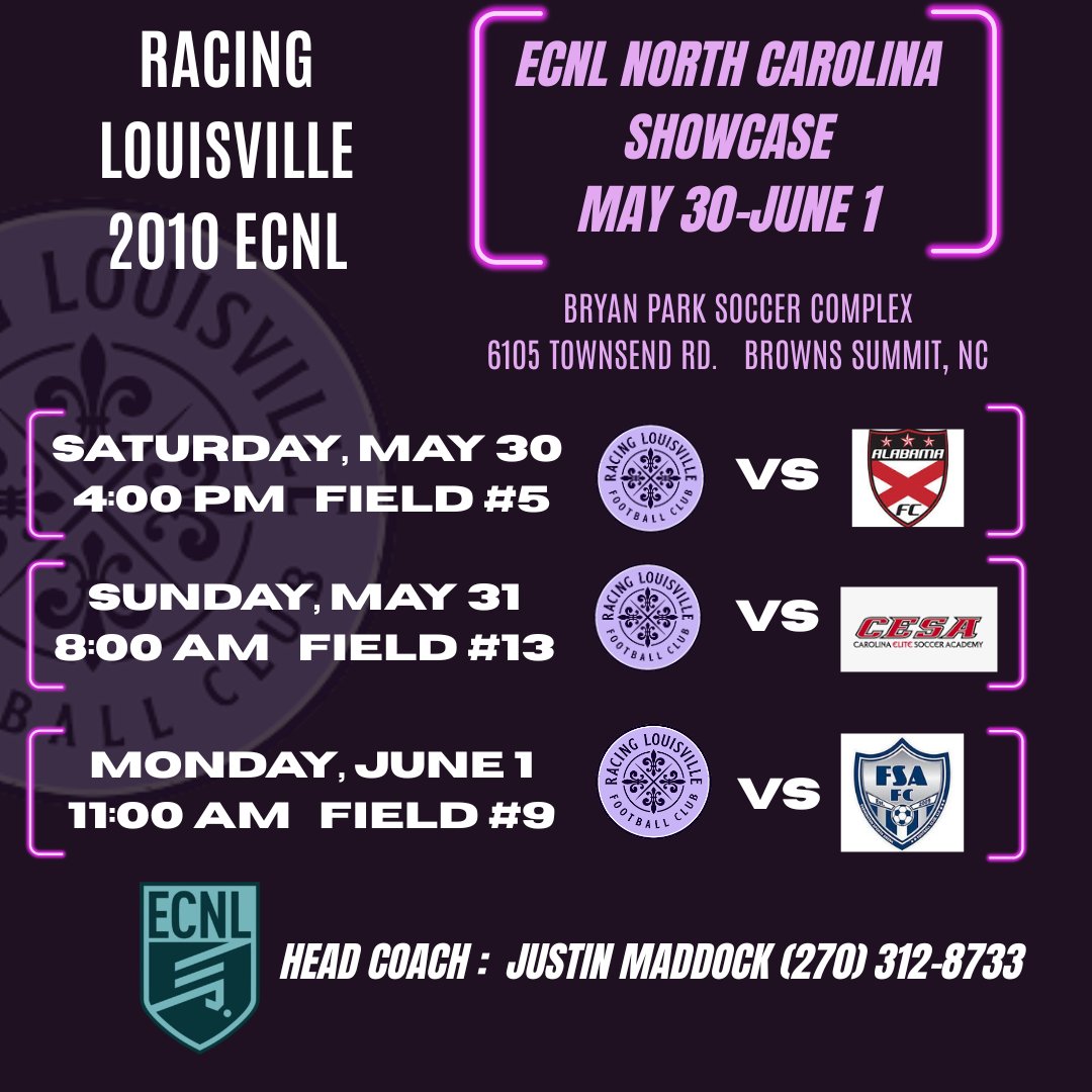 Racing2010ECNL's tweet photo. 📅UP NEXT: @ECNLgirls NC Showcase at Bryan Park Soccer Complex! Catch our @Racing2010ECNL team in action May 30-June 1. Schedule⬇️⬇️
See you at the fields!⚽️💜

@LouCityAcademy @TheECNL @ECNLOhioValley 
@ImYouthSoccer @TopDrawerSoccer @TheSoccerWire 
#ECNLNC #ecnlgirls #girlssoccer