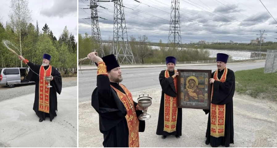 PulseOfUkraine's tweet photo. Батюшки в рясі з іконою ставлять антидроновий захист в Пермі. 

Трєпєщі, український дрон! Ти не пройдьошь! 💪 https://t.co/ZTDFCvjd4l