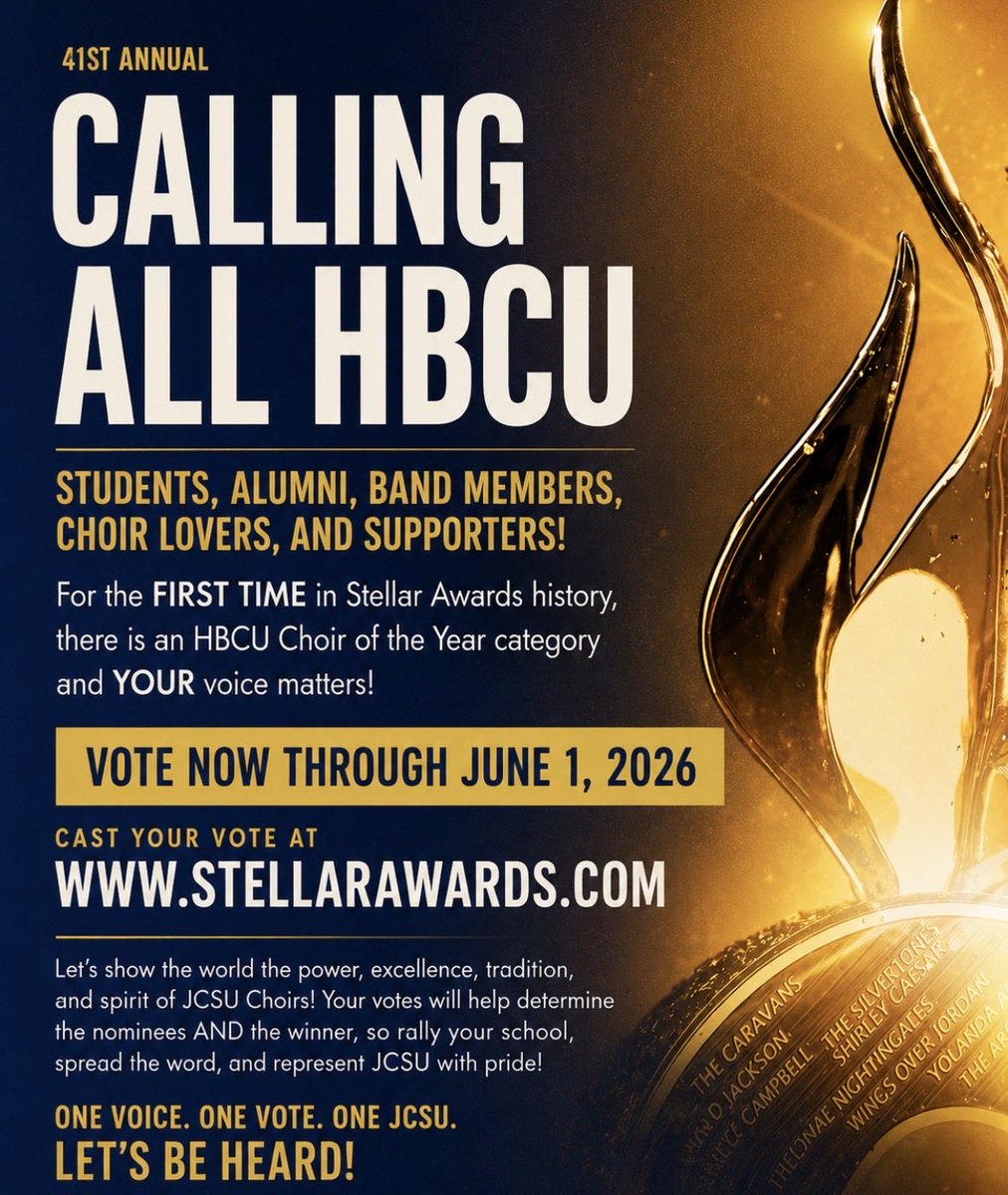 JCSUniversity's tweet photo. 🎶 HBCU voices are taking center stage!

For the first time ever, the Stellar Awards introduced an HBCU Choir of the Year category — and JCSU is ready to represent with gold before blue excellence. 💛💙

Vote now: https://t.co/955Z7kvq0k #neweraofexcellence https://t.co/o7ievYZofK
