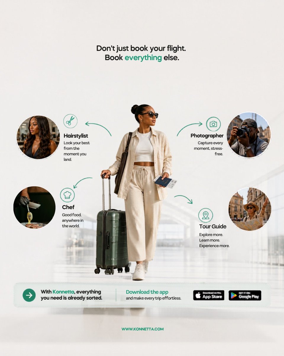 KonnettaApp's tweet photo. Everyone remembers to book the flight… until they land and realize they still need a hairstylist, photographer, chef, tour guide or more. ✈️

Konnetta helps you book trusted local services before you even arrive.
Travel smarter and arrive sorted. https://t.co/wtZkEhirBT