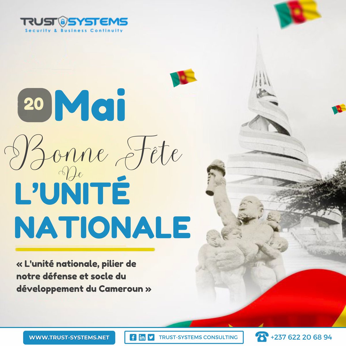 TrustSystems3's tweet photo. En ce #20Mai, TRUST-SYSTEMS souhaite une excellente Fête de l'Unité à tous. C'est en unissant nos forces et nos expertises que nous construisons un avenir technologique fort pour notre nation. 🤝💡

Bonne fête de la patrie !

#FêteNationale #UnitéNationale #TrustSystems #Cameroun https://t.co/8lmYsDzzE1
