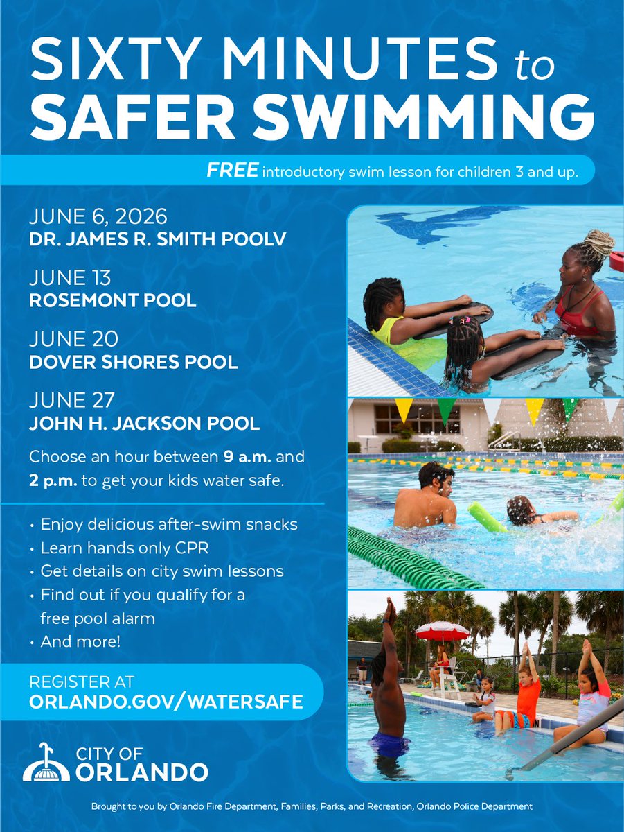 orlandoFPR's tweet photo. Swim with confidence this summer 😎

We’re teaming up with @OrlandoFireDept &amp; @OrlandoPolice to offer FREE swim lessons for kids ages 3+ at neighborhood centers across Orlando starting June 6.

Choose a Saturday and sign up for your hour slot!
🔗https://t.co/qw8e0jp0VA https://t.co/qEmdlmSKfr