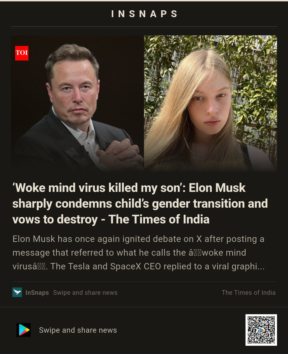 BuildWtPrakhar's tweet photo. ‘Woke mind virus killed my son’: Elon Musk sharply condemns child’s gender transition and vows to destroy - The Times of India
Curated by InSnaps — Local + Global, Sharable Cards. https://t.co/hNroiVIeJC
#SocialIssues #TheTimesOfIndia #Confrontation #Taiwan #Elon #Musk #Times https://t.co/duqjKIjX5n