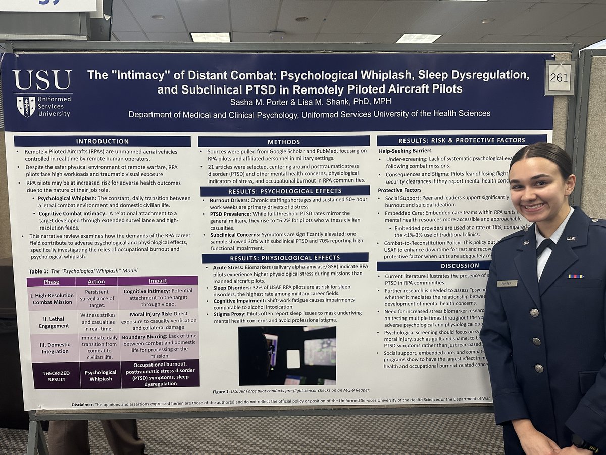 DefensePsych's tweet photo. On May 13, several MPS students presented research posters as part of USU Research Days. Pictured here, 1LT Kyra Brettler presented a poster based on her thesis, "Transcranial Magnetic Stimulation (TMS) in the Military Health System: A System-Wide Analysis." https://t.co/4B2wd6pt0i