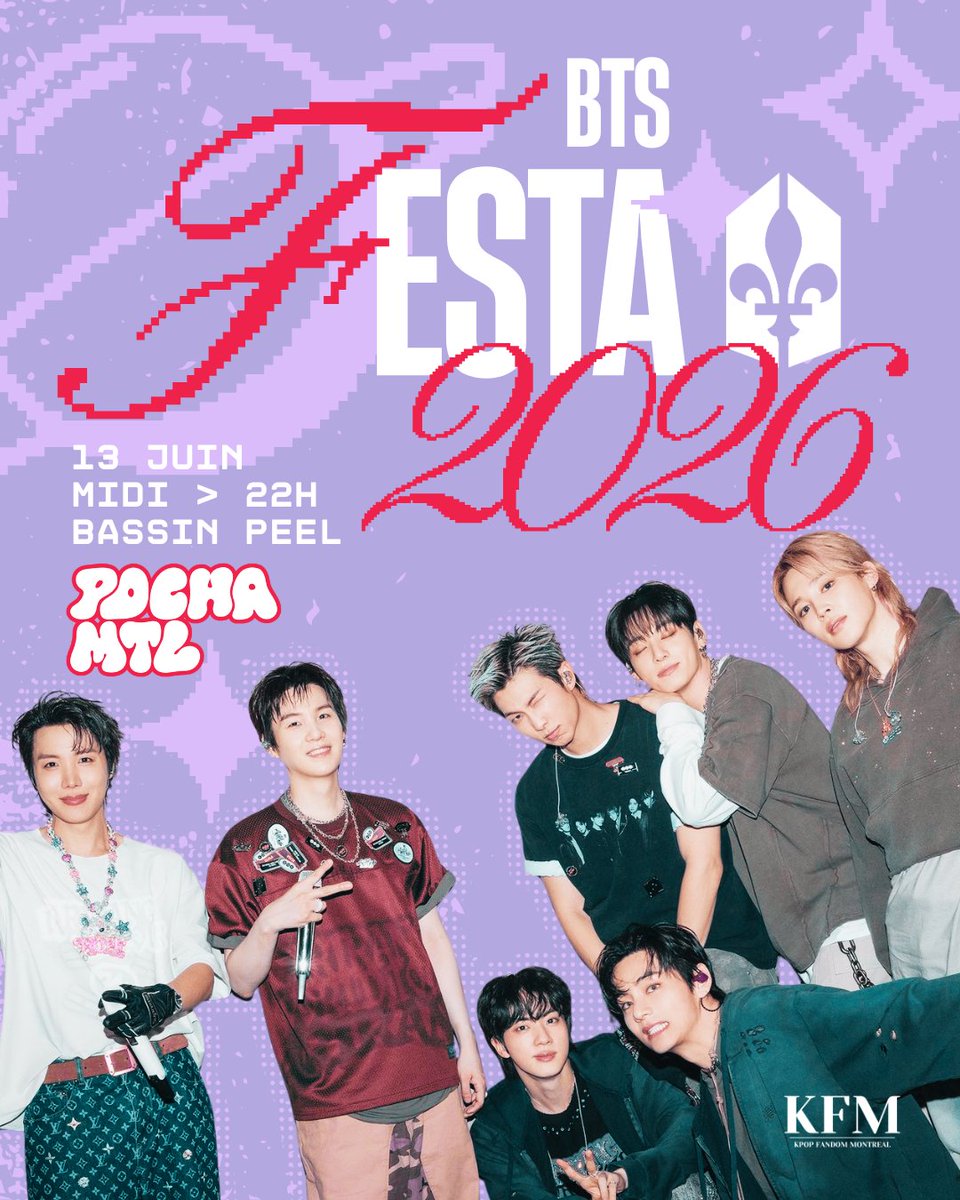 BTSMontreal's tweet photo. Save the date, #BTSARMY! 💜☀️

This year, we’re teaming up with POCHA for a next-level Festa! Keep an eye on our socials for more details to come. 👀

Cette année, on s'associe à POCHA pour une Festa exceptionnelle! Gardez un œil sur nos réseaux pour plus de détails à venir. 👀 https://t.co/X48sL50Cbc