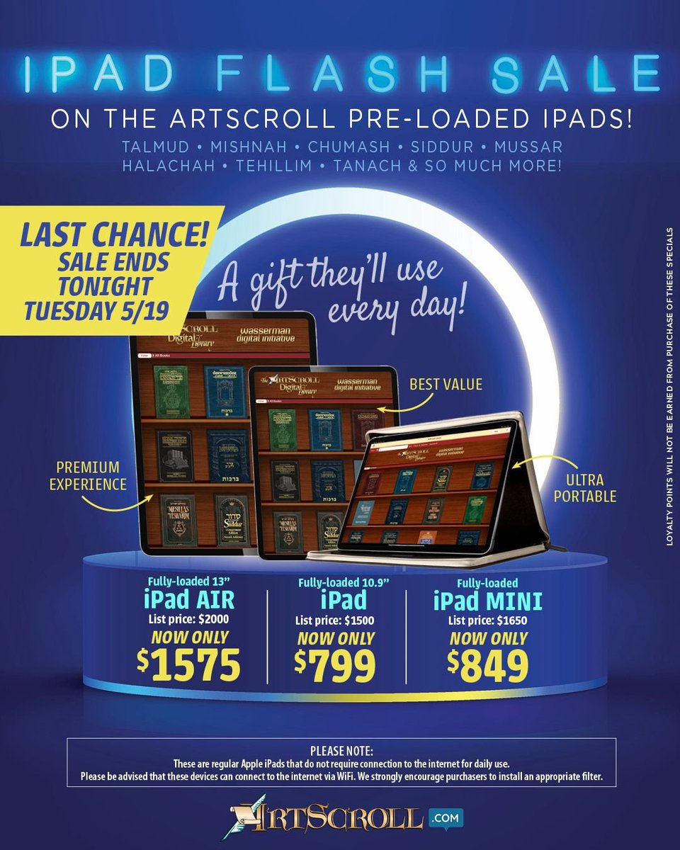 artscroll's tweet photo. 📣 LAST CHANCE! ArtScroll iPad Flash Sale ENDS AT MIDNIGHT TONIGHT!

💥 Lowest price EVER on the iPad Mini!! 
💵 Save $800!
✈️ Perfect For Travel!
📦 Plus FREE Shipping in the USA!

🛍️ Get the iPad now on sale: https://t.co/V0OYOHLC3C

⏳ Hurry! Sale ends tonight at midnight! https://t.co/mUtWwI8ghx