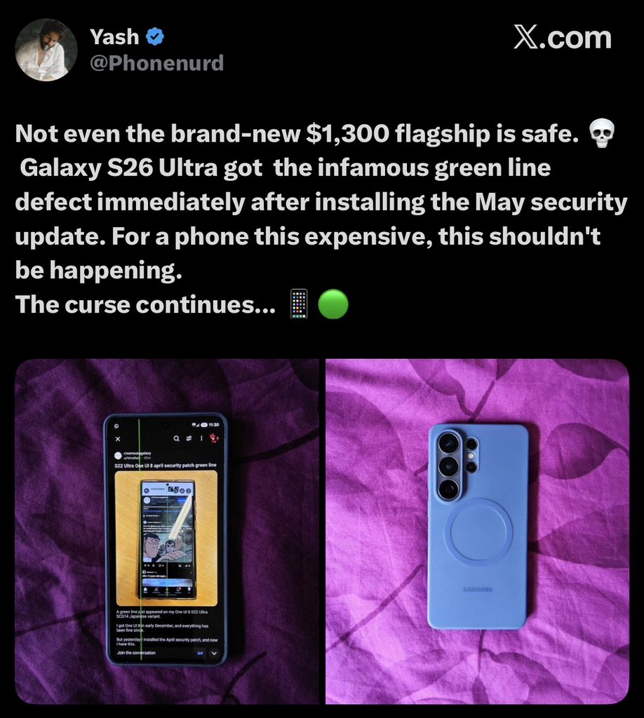 TechTicTok1's tweet photo. The infamous #GreenLine hardware issue spares no one except #Apple #iPhone 🟢🍏
#Flagship #Samsung #GalaxyS26Ultra https://t.co/LckMxeDtJ8