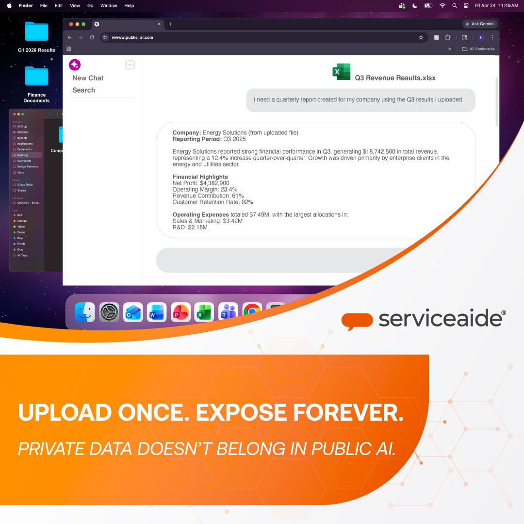 ServiceaideInc's tweet photo. Public AI tools may feel convenient, but they are not designed to be the place where sensitive company data lives.

When internal documents, financial data, customer information, or regulated content are uploaded into open AI tools outside your secure ecosystem, organizations lose the governance, visibility, and control they need.

AI can absolutely transform how teams access and use knowledge — but only when it is connected to the right information in a private, permissioned, and secure environment.

The better path is governed AI: connected to trusted internal knowledge, protected by permissions, and designed for enterprise use.

Serviceaide helps organizations connect employees to the knowledge they need within a private, governed environment — so teams can get accurate answers without exposing sensitive information to the public.

Because company knowledge should be easy to use — not easy to lose.

Keep AI connected and data protected: https://t.co/nUidcbYkGG

#AI #Governance #SecuredData #KnowledgeManagement #AIGovernance #DataSecurity #ResponsibleAI #DataGovernance
#InformationSecurity #DataPrivacy #EnterpriseAI #GovernanceRiskAndCompliance #Compliance #RiskManagement #TrustedAI #SecureAI #GenAI