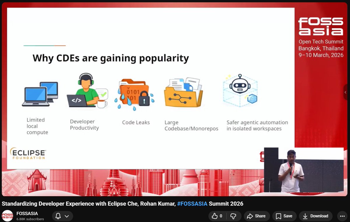 fossasia's tweet photo. Standardize your developer experience in the cloud at #FOSSASIA Summit 2026, as Rohan Kumar from Red Hat explores how Eclipse Che and cloud development environments can eliminate setup friction, simplify onboarding, and make development more consistent across teams.
Click here: https://t.co/sWOA4QvhEr