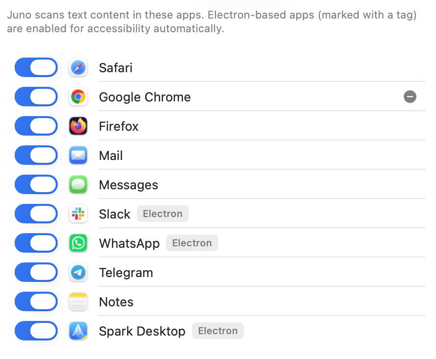 clacladev's tweet photo. Yesterday I added the ability to specify which apps you want to monitor with Juno (local ai defender). There are strong defaults ofc, but maybe I want to remove noise... https://t.co/rWVSdFJVTh
