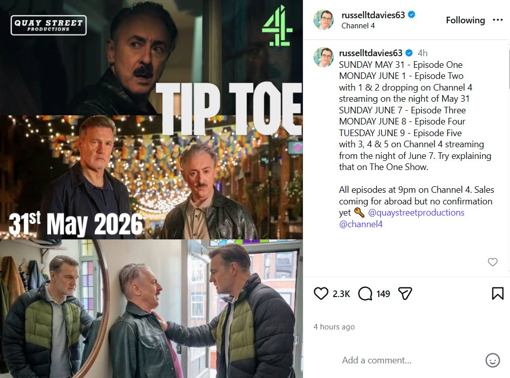 DoctorWhoPN's tweet photo. Russell T Davies' new Channel 4 drama 'Tip Toe', which he's been promoting of late (wilfully to the exclusion of everything else) now has a May 31 premiere date. https://t.co/7nnp4biOi7