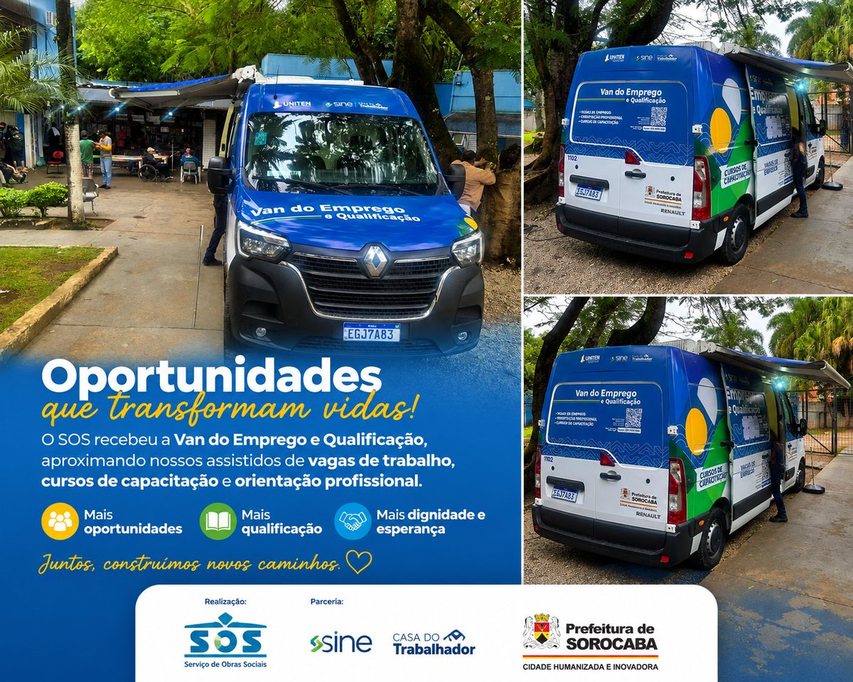 SOSSorocaba's tweet photo. 🚐✨ Oportunidade que transforma vidas!

Hoje o Serviço de Obras Sociais – SOS recebeu a Van do Emprego e Qualificação, aproximando nossos assistidos de vagas de trabalho, cursos de capacitação e orientação profissional.
#SOSSorocaba #Emprego #QualificaçãoProfissional https://t.co/gh5z5KCn0J