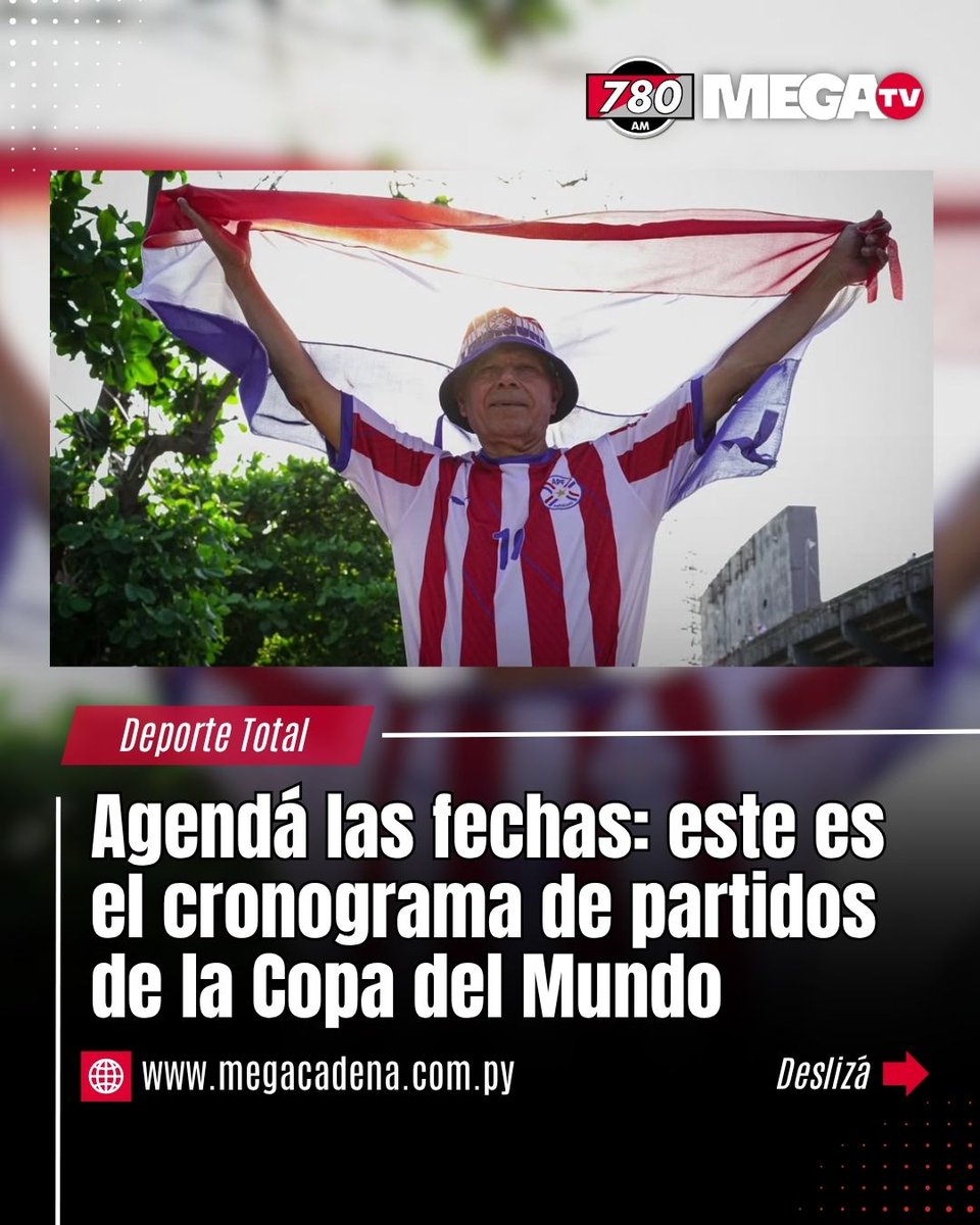 780AM's tweet photo. AGENDÁ LAS FECHAS😎

✍️ Avisale a tus amigos o a tu familia para ir organizando el asado, para pedirle a tu pareja qué días quedarse en casa, o simplemente para que te orgenices y verlo solo en tu hogar. Esta es la lista de todos los partidos que viviremos en la Copa del Mundo.

😉Como siempre, la Radio Paraguaya de los Mundiales, Radio 1° de Marzo, te llevará todas las emociones de la máxima cita del fútbol de la mano del equipo de @DeporteTotal780 

#780AM @Megatv_py