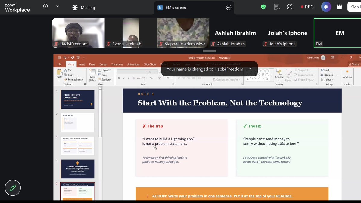 hack4_freedom's tweet photo. "Start with the problem. Not the technology."

That was EM from @afribitcoiners , speaking straight to our hackers on Day 2.

She walked them through building usable products in the Bitcoin and freedom tech ecosystem – no fluff, just real constraints. Mobile-first. Power outages. Limited data. Real users.

Her message? You belong in that room. Go contribute. Go build. Go make an impact.

That's what #Hack4Freedom is unlocking. 🧡