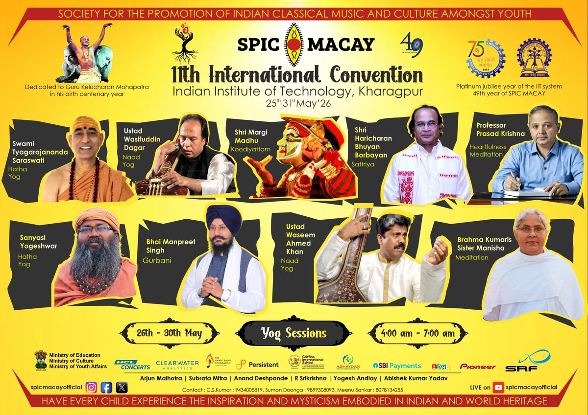 spicmacayiitkgp's tweet photo. Presenting the Yog Sessions of the SPIC MACAY 11th International Convention at IIT Kharagpur. 🧘
Five mornings of Yog, meditation, mindfulness, and spiritual practices awaits at InterCon 11. ☀️
#SPICMACAY #InterCon11 #IITKharagpur #11thInternationalConvention #Yog
#Meditation https://t.co/sAFKha8DO6